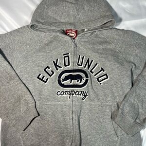 Vintage ECKO UNLTD Rhino Hoodie Youth M Gray Zip Up Sweatshirt Y2K